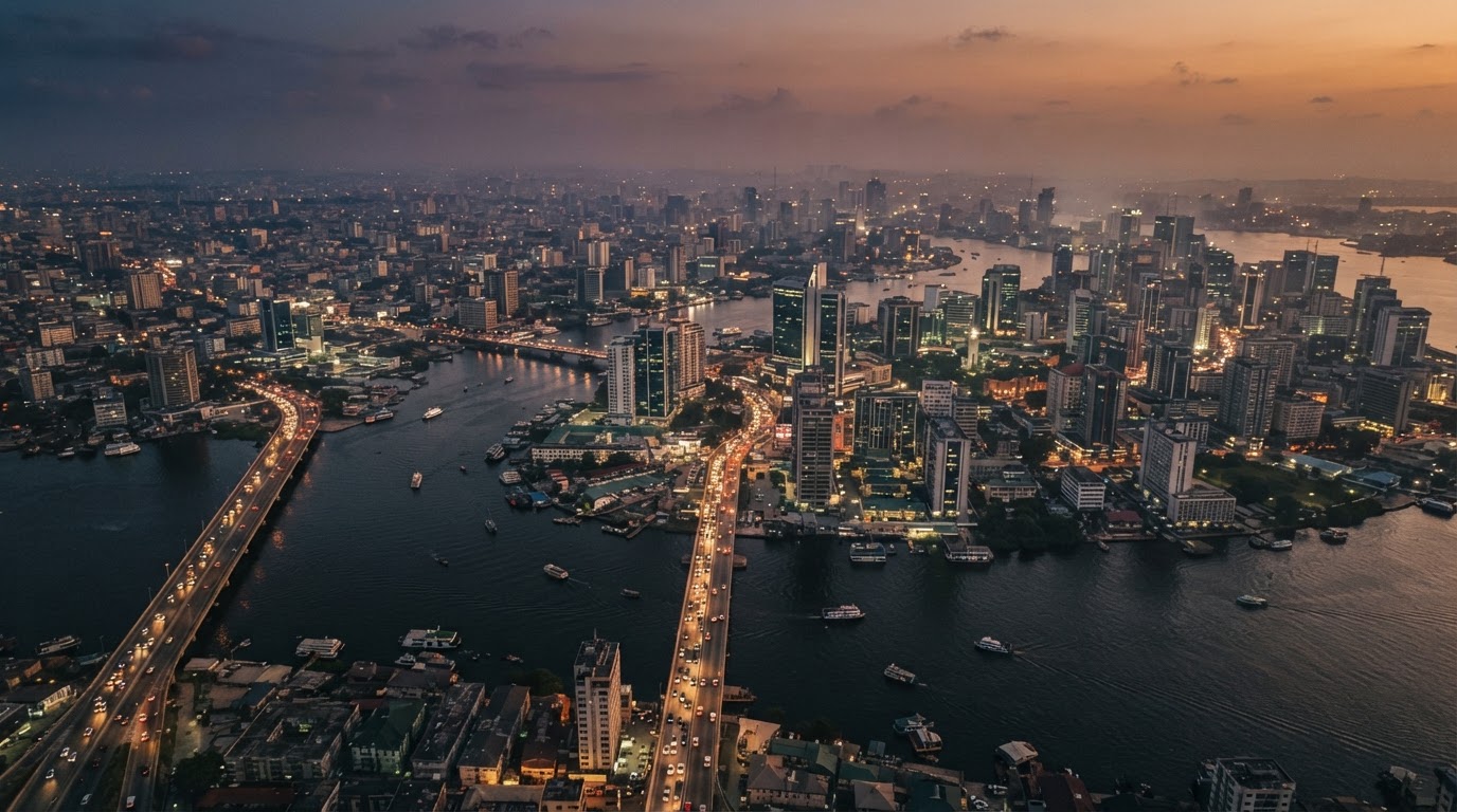 An aerial view of a city at dusk